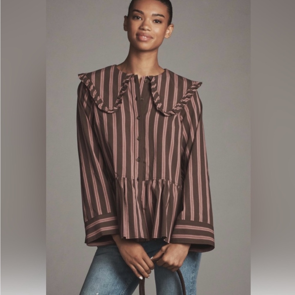 Maeve Brown and Pink Striped Ruffle-Collar Peplum Blouse